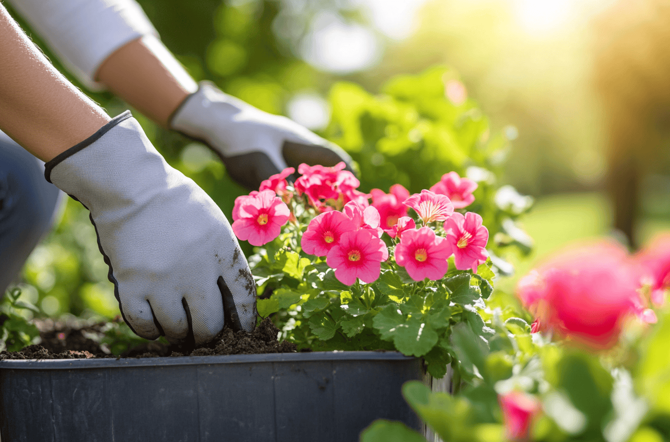 Fertilizante mineral Riego y plantación de begonias en huerto urbano ecológico.