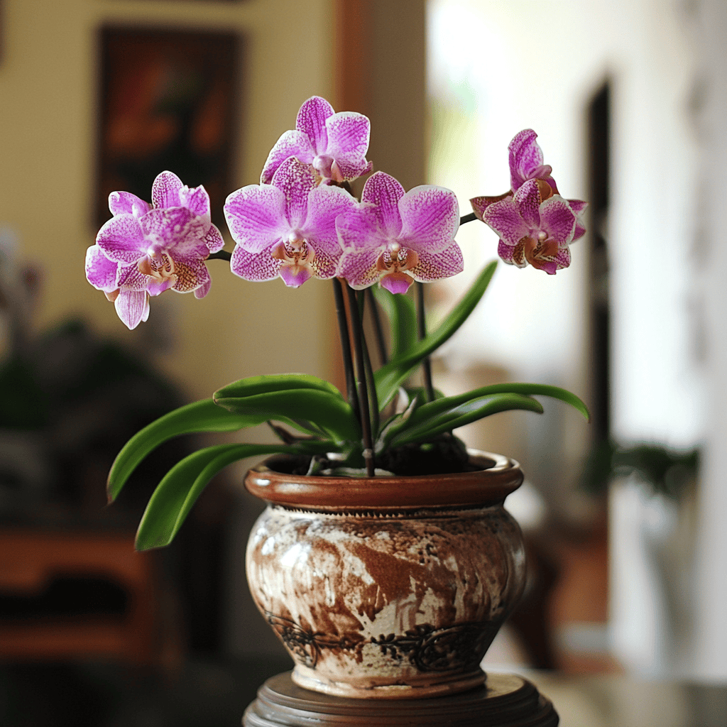Fertilizante para orquideas Orquídea Phalaenopsis en maceta decorativa, ejemplo de plantas de interior en Urbe Verde.