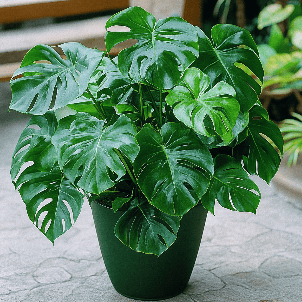 Abrillantador Follaje de Monstera deliciosa en maceta negra, planta de interior popular y decorativa.