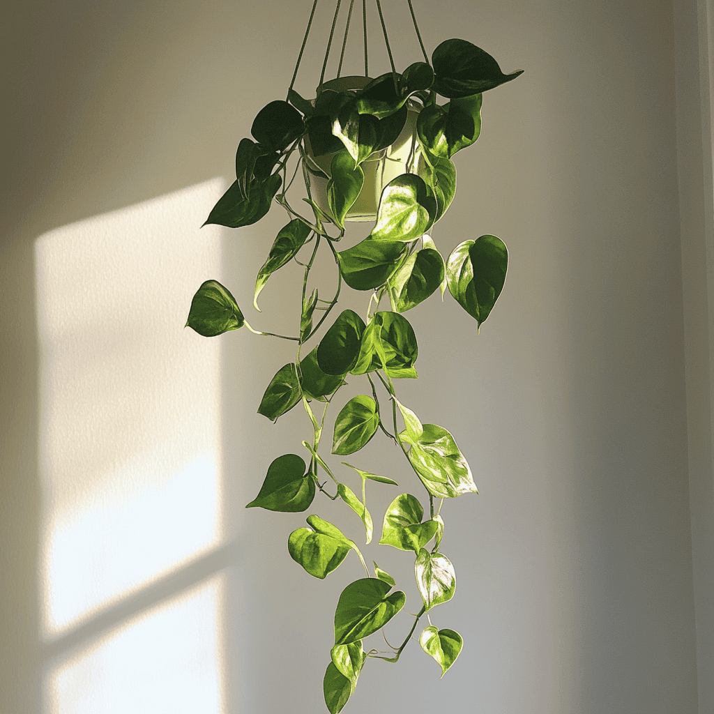Abrillantador Planta de pothos colgante en interior, iluminación natural, decoración eco-friendly Urbe Verde.